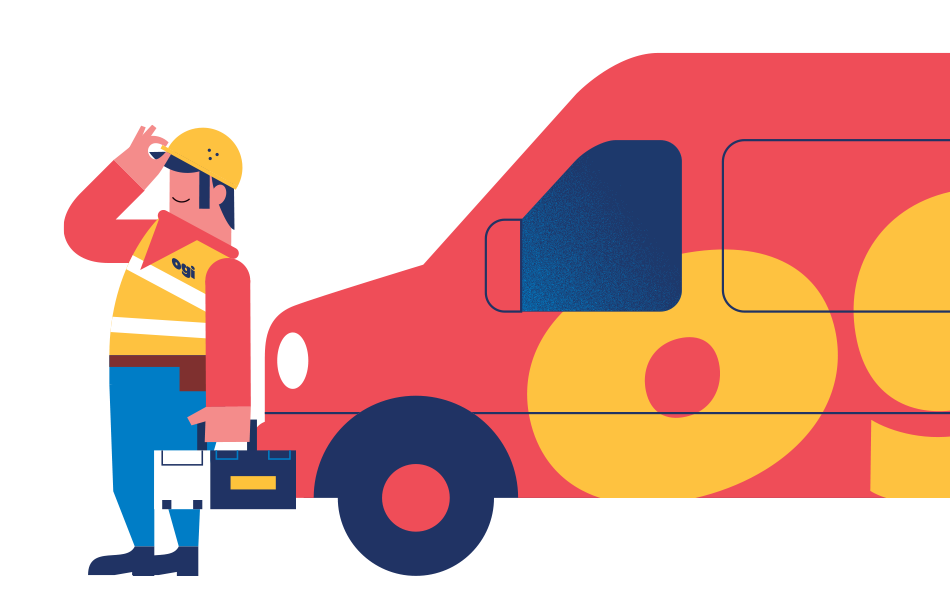 An illustration of an Ogi installer standing in front of an Ogi branded van. Wearing high vis, hard hat and carrying a toolbox.