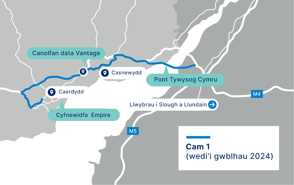 Map wedi darlunio yn dangos llwybr y rhwydwaith tywyll ar hyd cefnffyrdd de Crymu