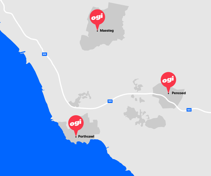 Map wedi darlunio yn dangos trefi a phentrefi ym Mhen y Bont ar Owgr