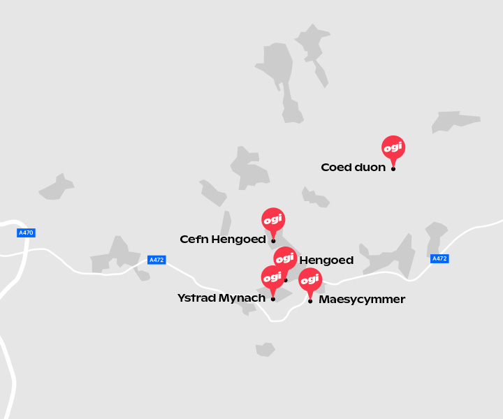 Map wedi darlunio yn dangos trefi a phentrefi yn Caerffili