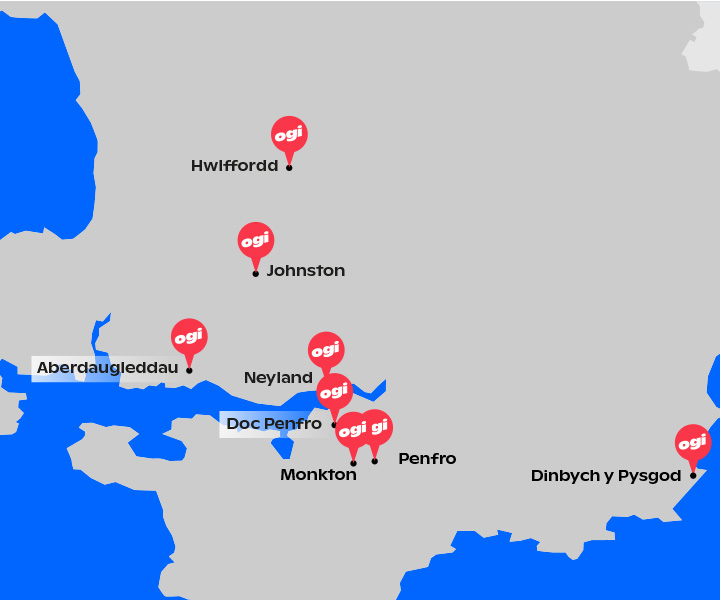 Map wedi darlunio yn dangos trefi a phentrefi yn Sir Benfro